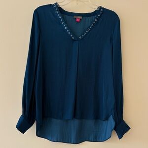 Vince Camuto Navy V-Neck Blouse with Eyelet Detail